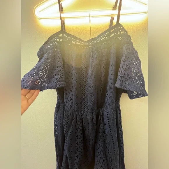 New Boho Navy Blue Floral Lace Cold Shoulder Dress Spring Summer Cute Vacation - Picture 11 of 12